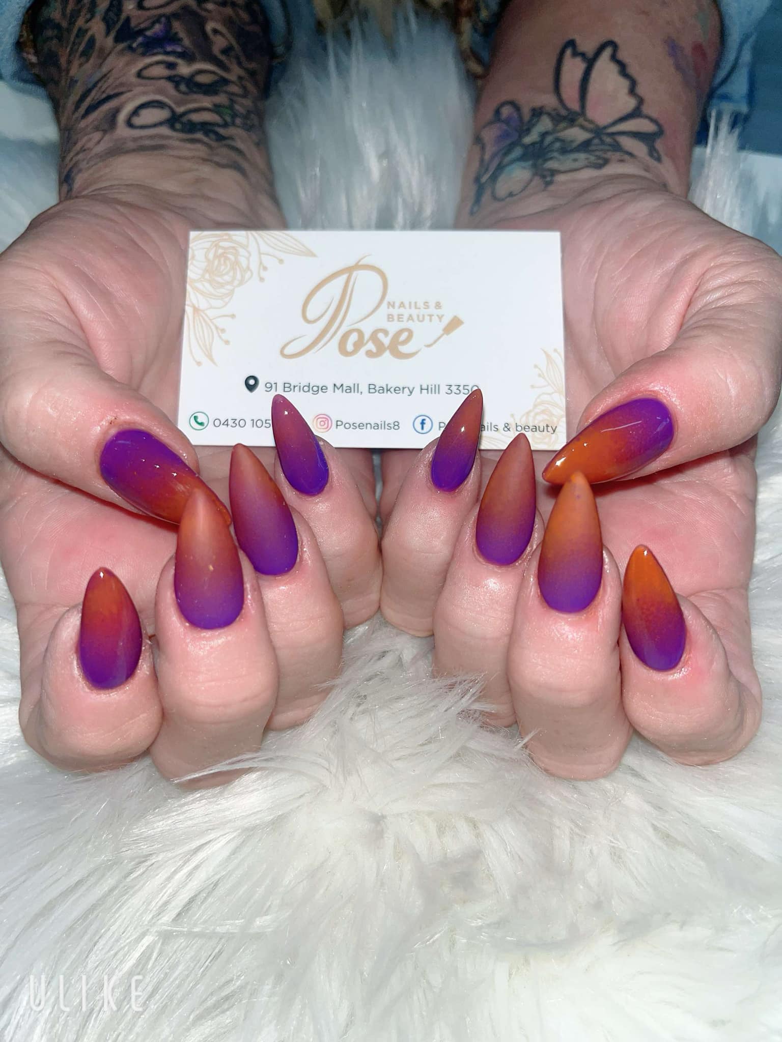 Purple and orange ombre stiletto nails